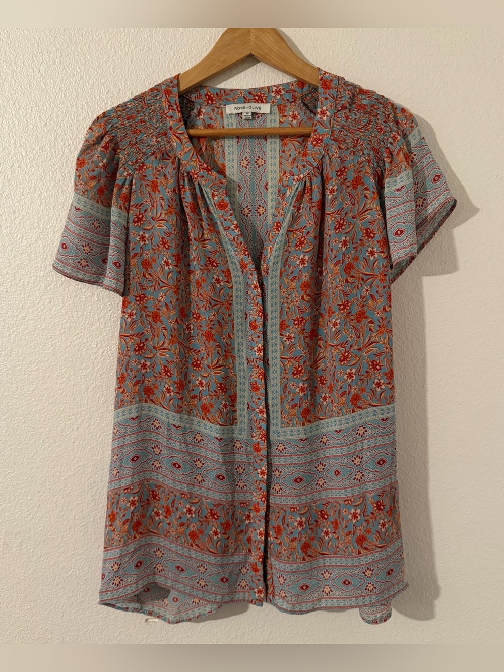 Rose & Olive Blue Floral Short-Sleeve Button Front Blouse Size 1X